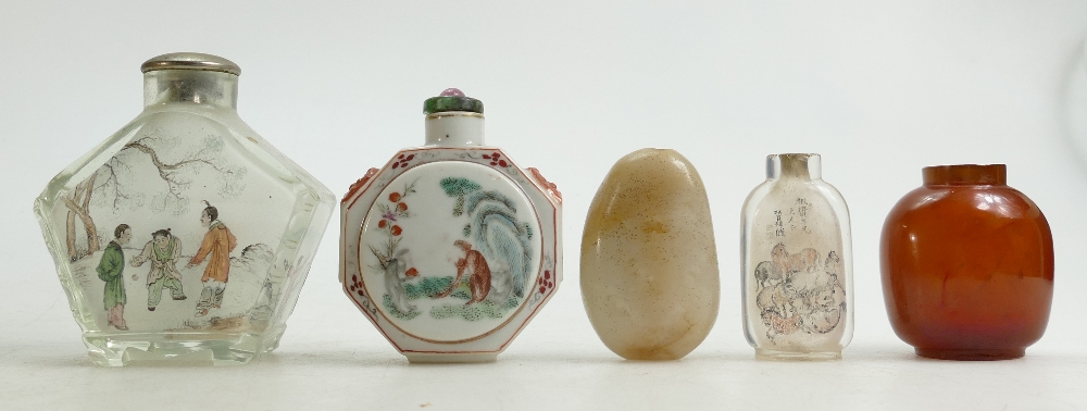 A collection of five Chinese Jade, Crystal and Porcelain Perfume Bottles: Height of tallest 9cm. - Image 4 of 4