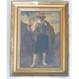 19th century Oil painting on Canvas of a standing huntsman holding a rifle: In a gilt frame,