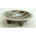 Salt Glaze Stoneware footed Dish: Unmarked with geometric brown and beige decoration ,