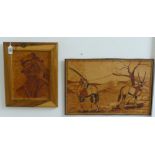 African Art Leather pictures: An incised leather picture of two antelope and a picture of an old