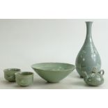 A collection of Chinese pottery decorated with flying Cranes: Pair of small tea bowls,