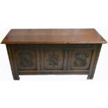 Good quality reproduction carved Oak small Panelled Coffer: Length 105cm.