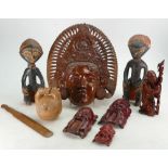 A collection of Asian & Oceanic carved wood items: Including carved figures, primitive figures,