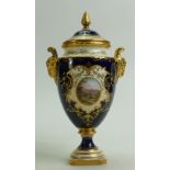 Coalport gilded and hand painted two handled Vase & cover: Decorated with a stately house,