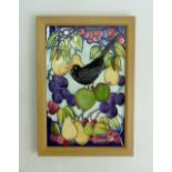 Moorcroft Blackbird in Fruit Plaque: Trial piece by designer Kerry Goodwin. PLQ2, firsts in quality.