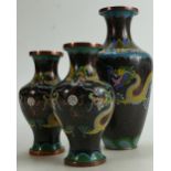 A collection of Chinese Cloisonne enamelled Vases: With dragon decoration, height of tallest 26cm.