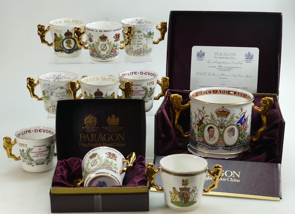 A collection of Paragon commemorative mugs: A large version gilded and decorated with the Marriage