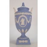 Wedgwood Jasperware handled Urn & cover: Height 31cm.