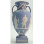 An impressive Wedgwood white on pale blue Jasperware twin handled Prestige Trophy Vase: Neo