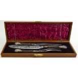 Stag Antler 3 piece knife Carving set: With ornate silver mounts decorated with rams heads in oak