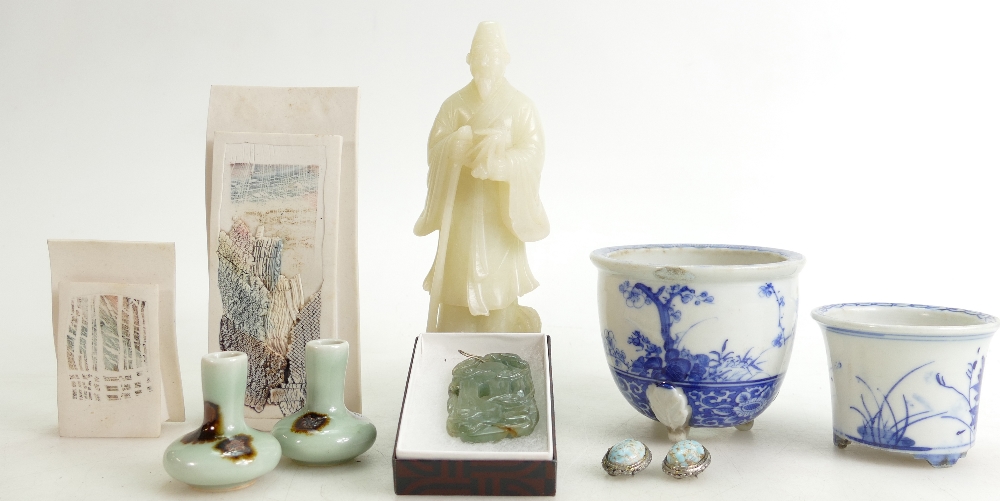 A collection of Chinese items: Including carved stone figure, jade pendant,