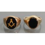 Two 9ct gold gents Signet Rings set with Onyx stones: 11 grams.