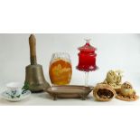 A collection of interesting items: Including Carolyn Cooke ceramic items, old brass bell,