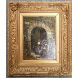 18th or 19th century Oil painting on Canvas of a Moorish scene of a man and woman by arched doorway