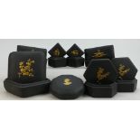 A Collection of Wedgwood English matte Black Basalt and gold raised relief lidded boxes: 8 varying