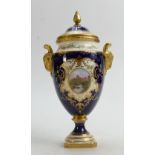 Coalport gilded and hand painted two handled Vase & cover: Decorated with a stately house and