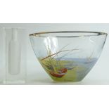 Geobel hand painted glass Vase plus glass vase: Painted with boats & signed Vincent,