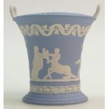 A Wedgwood white on pale blue Jasperware twin handled flower Prestige vase: Decorated with Neo