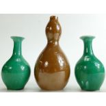 A collection of Chinese glazed Vases: Pair small vases in a green glaze and a double gourd brown