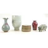 A collection of Salt Glazed Studio pottery items to include: Vases, lidded pots,