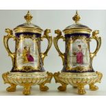 Pair of Coalport two handled Urn & covers: Stunning pair of footed urns both painted by T Keeling,