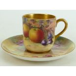 Royal Worcester coffee can & saucer hand painted with fruit: The can is signed by Maximus and the