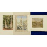 Group of three unframed later mounted 19th century Watercolours: With landscape and architectural