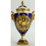 Coalport two handled Vase & cover: Gilded and decorated with panel of fruit signed KH, height 24.