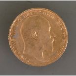 22ct gold Full Edward VII Sovereign dated 1906: