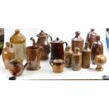A collection of Stoneware Jugs Flasks and Tankards: 14 items, tallest 26cm.