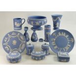 A large collection of Wedgwood blue Jasperware items to include: Large footed bowl, lidded pots,