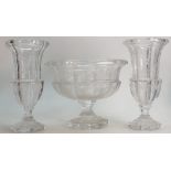 Goebel crystal footed bowl and vases: Bowl height 20cm and matching pair of vases, height 28cm.