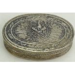 Continental silver .800 snuff box: Oval shape with gilt interior and stamps to underside. 7cm wide.
