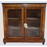 Walnut Inlaid side Cabinet: Glazed 2 door 19th century cabinet with ormolu mounts 107cm x 31cm x