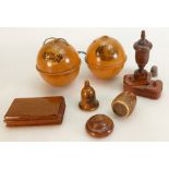 Collection of 19th century Treen & Mauchline ware: Includes two large string / wool holders Castle