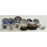 Collection of mainly Chinese & Japanese saucers tea bowls and wooden Vase stands: Some items have