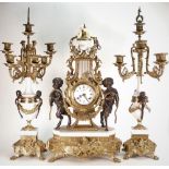 Italian Rococo Style gilt metal and marble clock Garniture set: Bronzed Cherubs with gilt