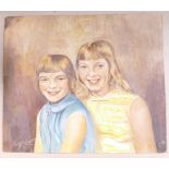 Elwyn James (1943-77): Oil painting on board of two girls dated 1969, 51 x 59cm.