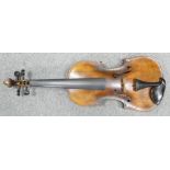 Antique Viola in wooden case with bow: Length at back 39.5cm, overall 66cm.