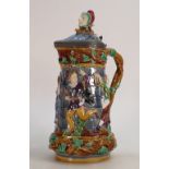 19th Century Minton Majolica embossed Tower jug: Decorated all around with medieval dancing figures