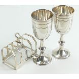 Silver pair of Goblets & Toast Rack: 20th century hallmarked silver goblets & Viners silver toast