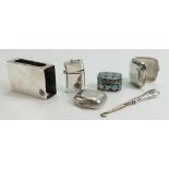 Collection of 6 silver & silver coloured metal collectables: Matchbox holder & glove hook