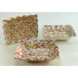 James Kent Chintz Du Barry Fenton Pottery items to include: Three rectangular ruffled dishes in