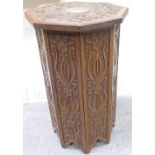 Art Nouveau carved Oak Octagonal Side table: 65cm high x 38cm deep.