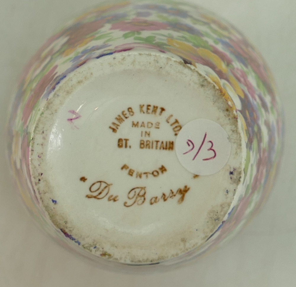James Kent Chintz Du Barry Fenton Pottery items to include: Toast rack, vase, preserve pot on tray, - Image 2 of 3