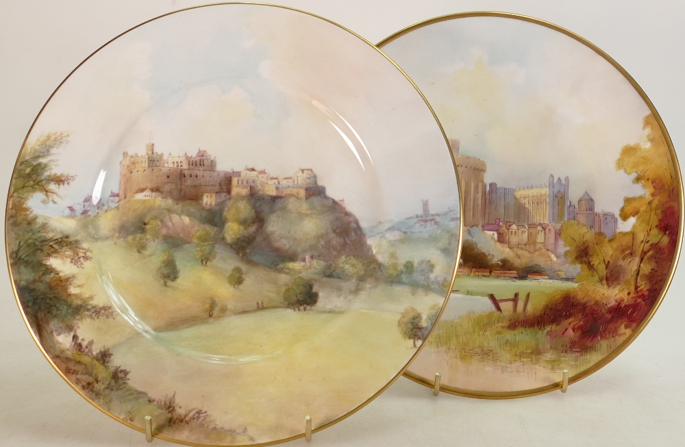A Minton hand painted plate of Edinburgh Castle together with a similar unmarked plate.