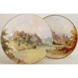 A Minton hand painted plate of Edinburgh Castle together with a similar unmarked plate.