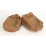 A pair of Robert Mouseman Thompson oak ashtrays: Robert 'Mouseman' Thompson carved mouse signature.