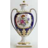 Boxed Spode hand decorated two handled Urn & lid: Panelled floral decoration, height 28cm.