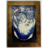 Moorcroft Moth plaque: Trial piece dated 01/12/05 on a blue background. 38cm x 28cm.